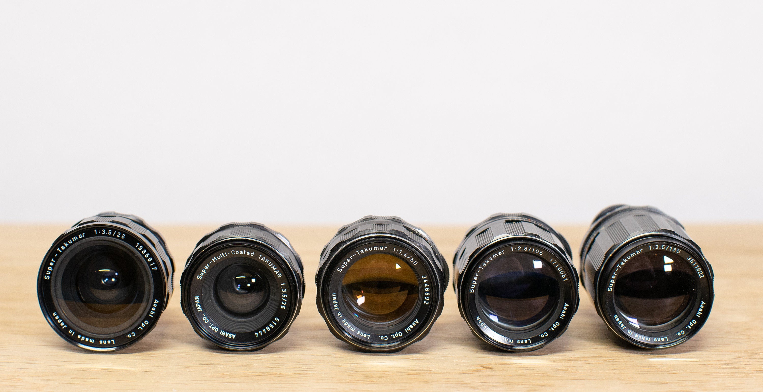 Super Takumar M42 Lens Set 28mm, 35mm, 50mm, 105mm, and 135mm